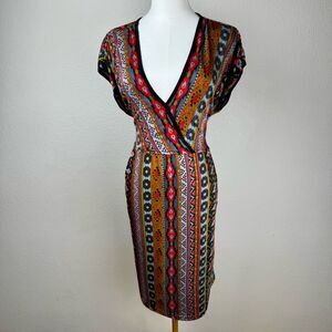 Tribal Print Boho Midi Dress Womens M Earthbound Pockets V Neck Festival Style